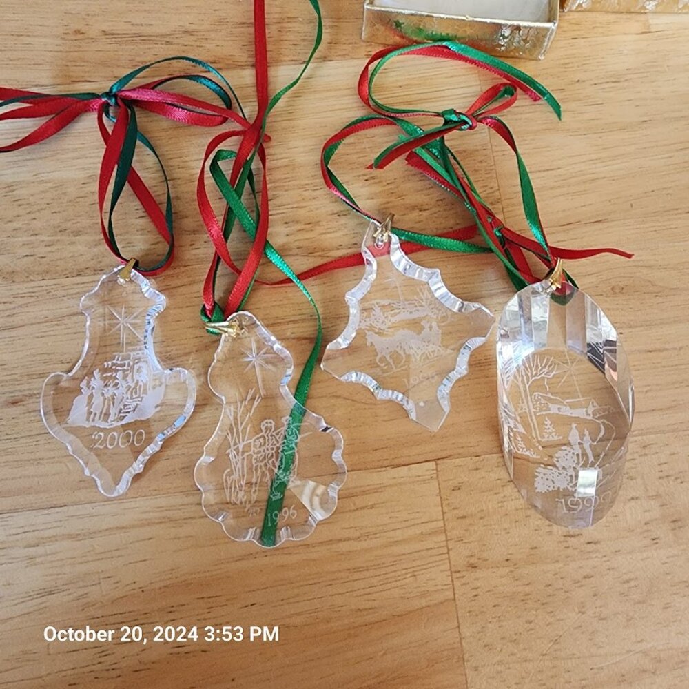 Handcut Crystal Christmas Ornaments 1996, 1998, 1999, 2000 Etched Back 4 in Lot